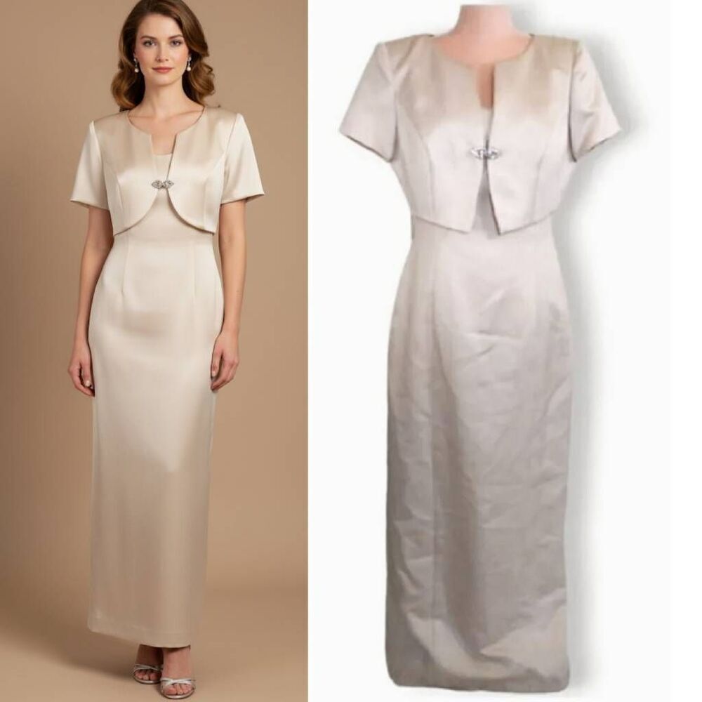 80s Ivory Satin Sleeveless Evening Dress w/ Jeweled Bolero Sz 12 *Fits Med